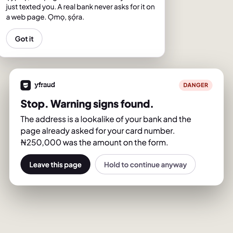 Yfraud stopping a lookalike bank page